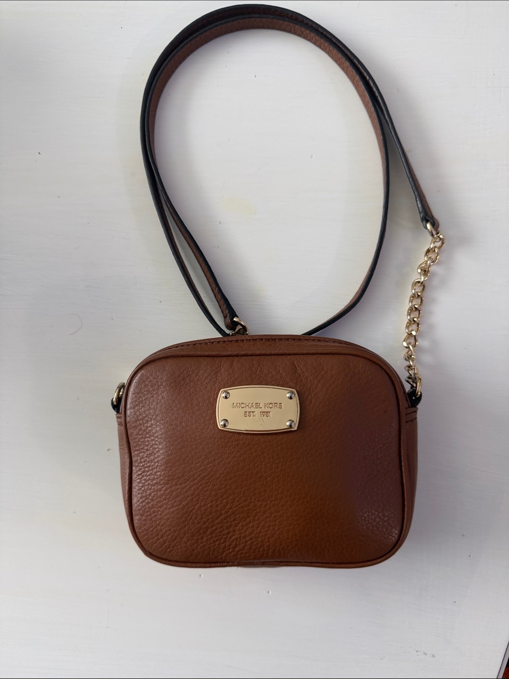 Michael Kors Cognac Pebble Leather Crossbody with Gold Chain Detail
